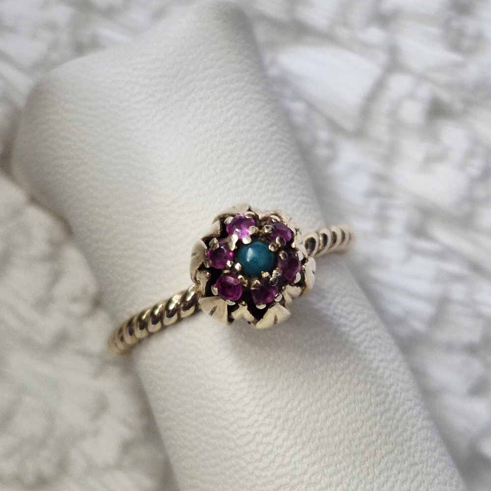 Vintage 14k Yellow Gold Turquoise Ruby Flower Ring - Picture 3 of 8
